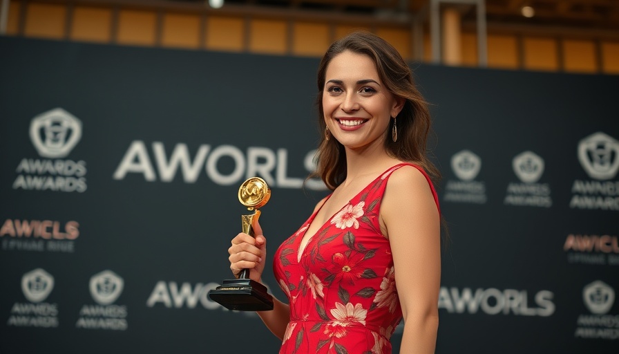 Blonde woman smiling at an award event in a red dress.