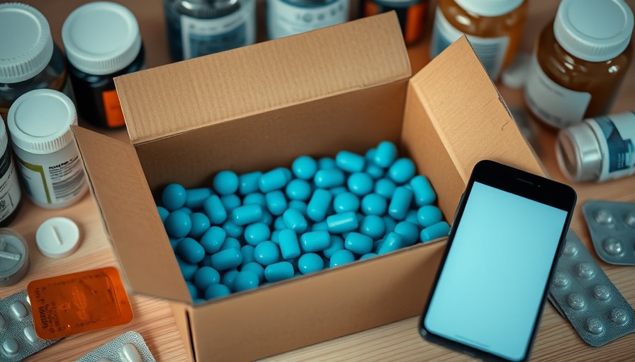 Online medicine purchase with Amazon app and pills.