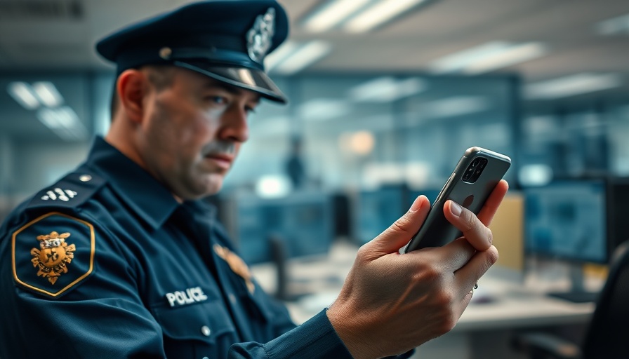 Police officer using smartphone in office, highlighting data privacy concerns.