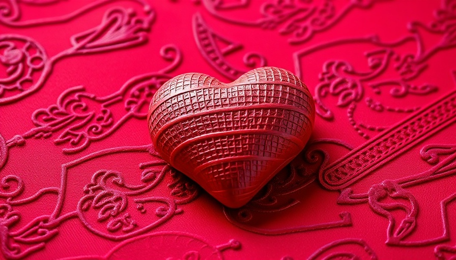 Textured heart-shaped object on a vibrant red background.