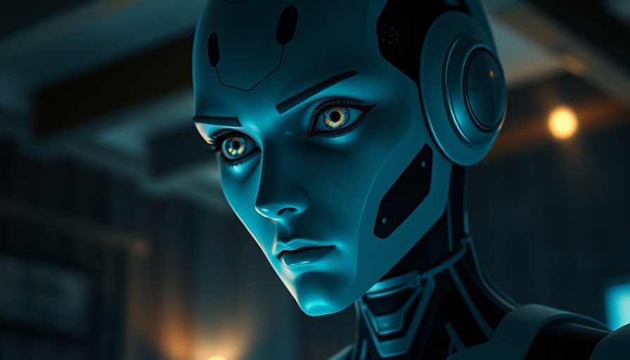 Lifelike android M3GAN 2.0 with intense expression in dim light.