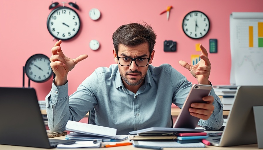 Frustrated young professional overwhelmed by multitasking in an office.