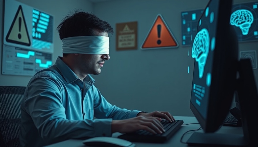 GenAI kritisches Denken: Blindfolded man on computer, symbol of technology trust.