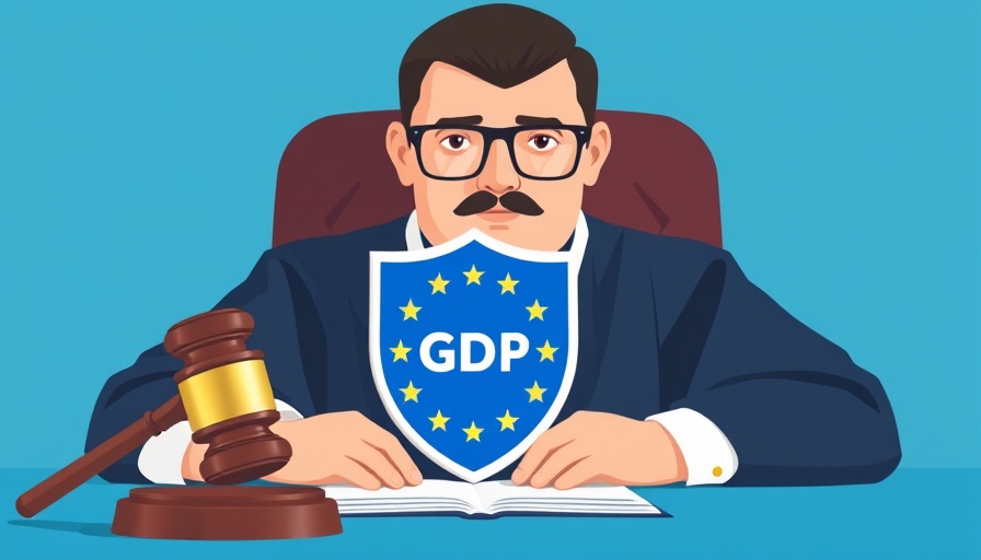 Klagebefugnis von Verbraucherverbänden bei Datenschutzverstößen illustration with judge and GDPR symbols.