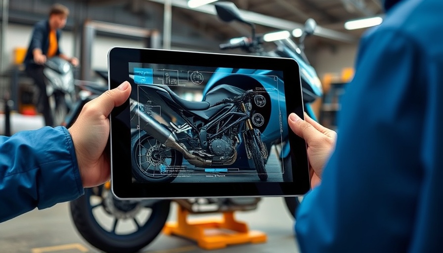 AR und VR in der Industrie displayed on a tablet with motorcycle schematics.