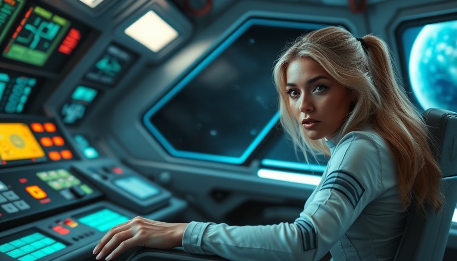 Futuristic scene Star Trek setting, woman in starship, colorful displays.