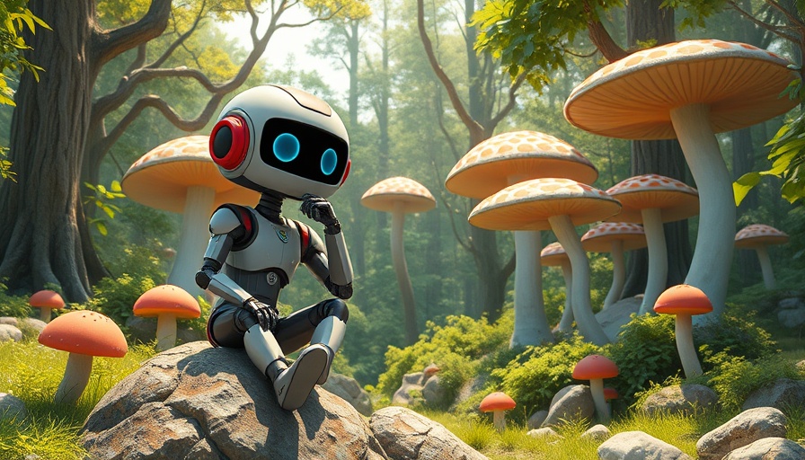 Künstliche Intelligenz Forschung: Futuristic robot in lush forest.