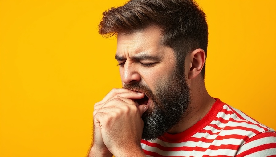 Man coughing in a striped shirt, Dauerhusten Ursachen.