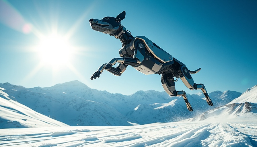 Kawasaki Corleo robotic dog leaping in snowy mountains.