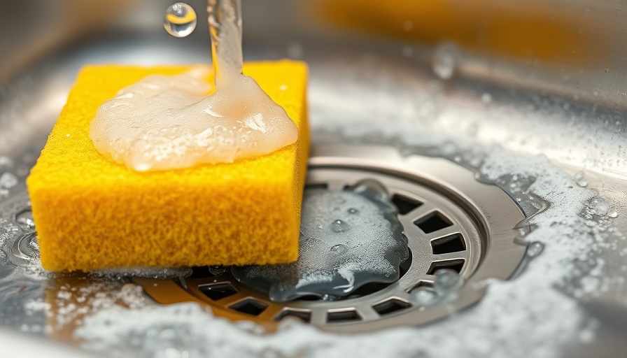Yellow sponge with soap cleaning sink, shampoo as kitchen cleaner.
