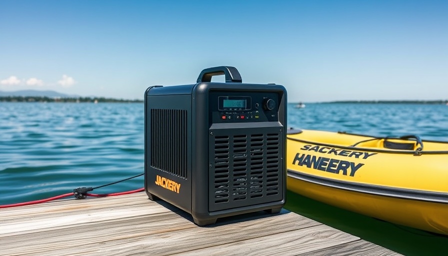 Compact Jackery Powerstation on dock next to kayak by water, vibrant setting