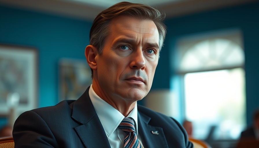 Serious person in a suit in a blue and teal setting during Libra Kryptoskandal discussion.