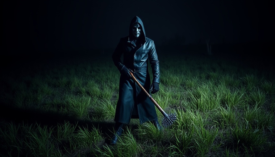 Masked figure with spiked bat in dark grassy field, related to predictive policing concept.