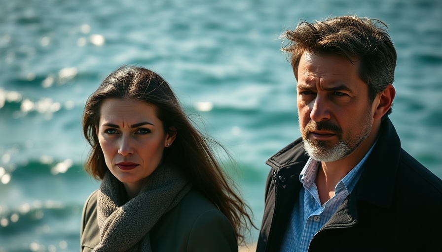 Barcelona Krimi scene: two people by the waterfront, serious expressions.