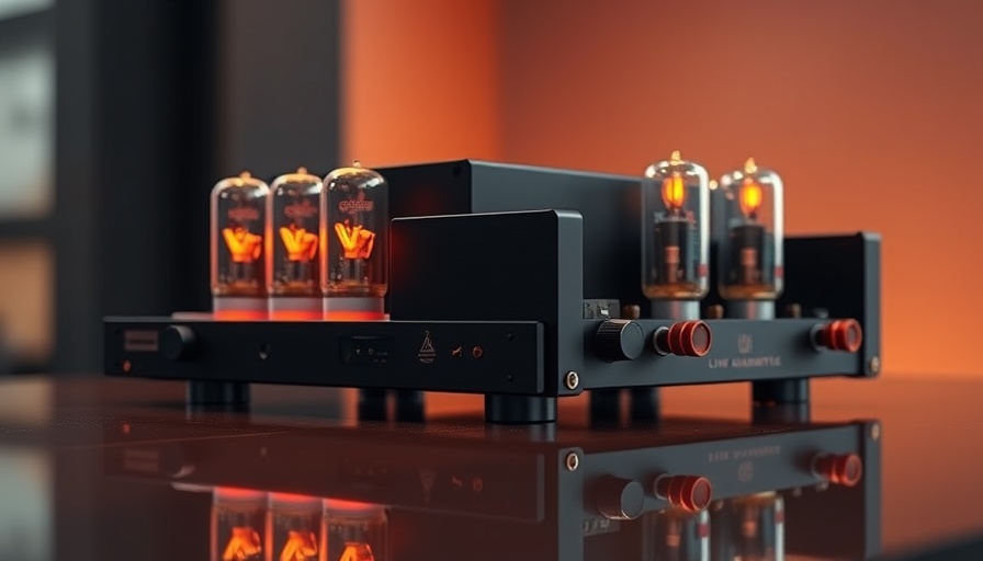 Line Magnetic LM-300IA tube amplifier with glowing tubes on reflective surface.