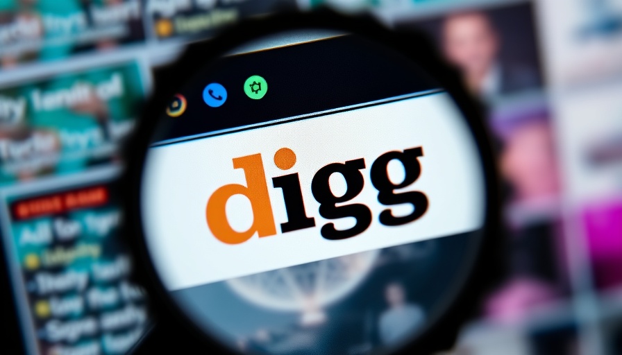 Close-up of Digg website under magnifying glass showing tech interface.