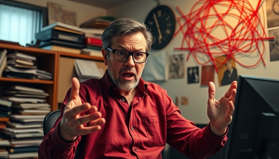 Intense journalist analyzing conspiracy theory in a cluttered office.