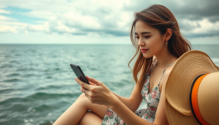 Woman using smartphone by the ocean, Günstig Surfen im Osterurlaub mit eSIM-Apps.