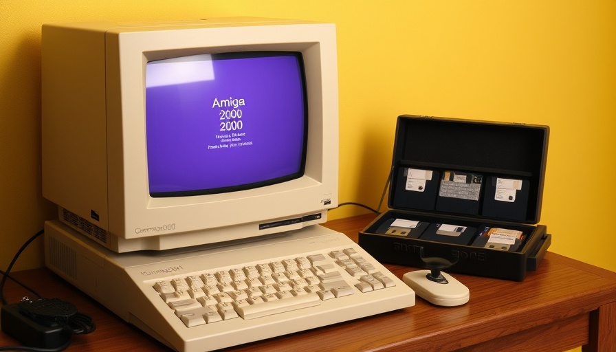Commodore Amiga 2000 setup with floppy disks and joystick, vintage style.