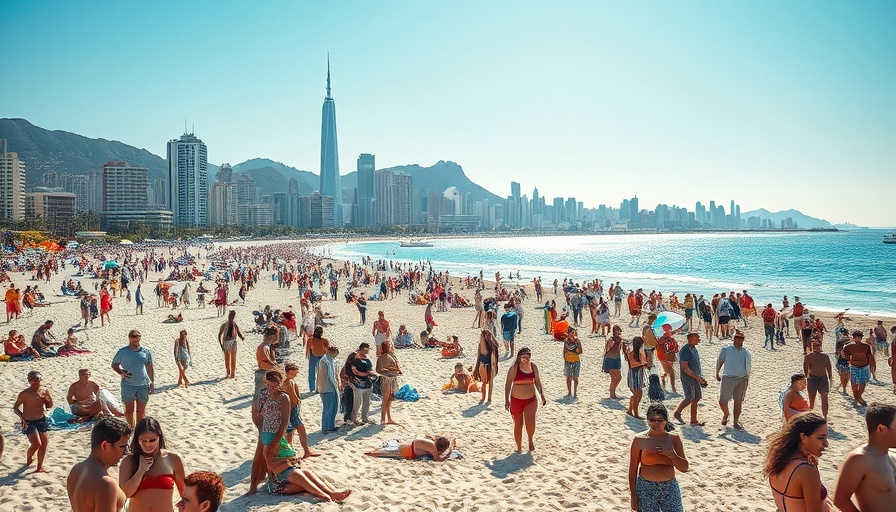 GTA 6 Crossplay: lively beach scene, diverse crowd, skyscraper backdrop