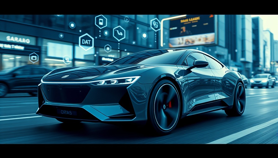 Futuristic car with data act features driving in a smart city.