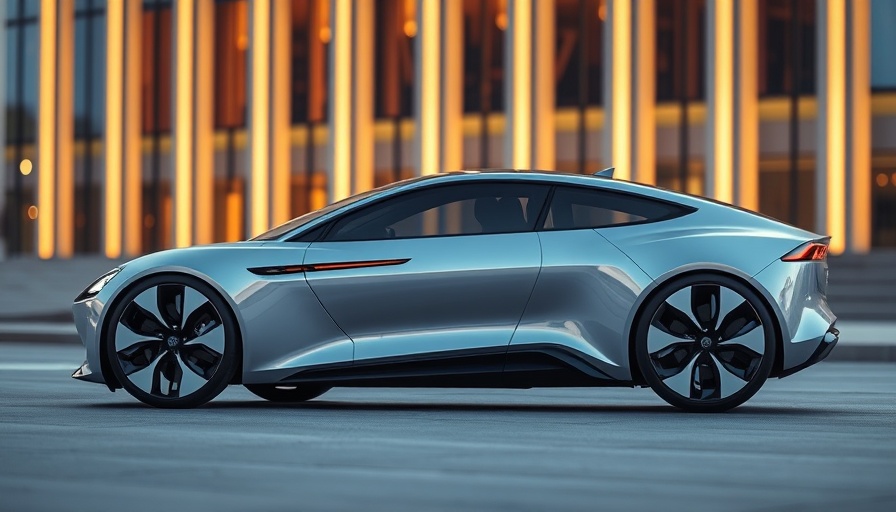 Sleek electric car featuring 5-Minuten-Ladetechnologie, city background.