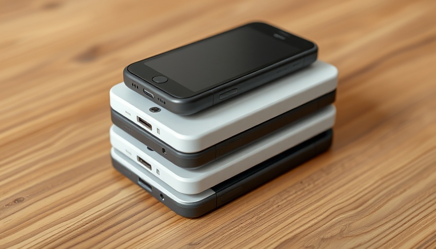 Minimalistic stack of disposable phones on wooden table.