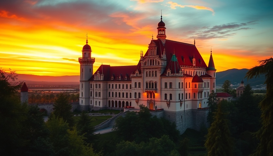 Historic castle in Stormarn during sunset with vibrant sky.