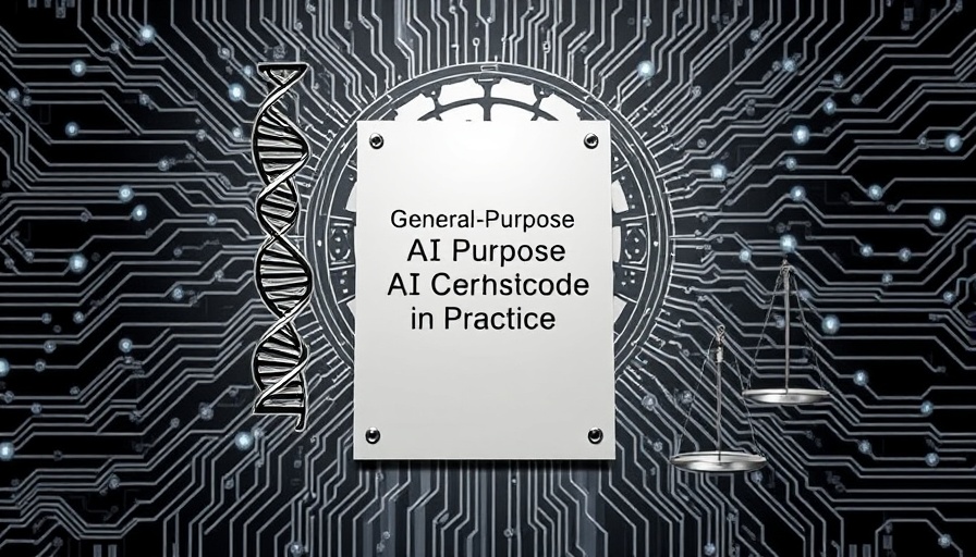 Futuristic AI concept with GPAI Code of Practice document.