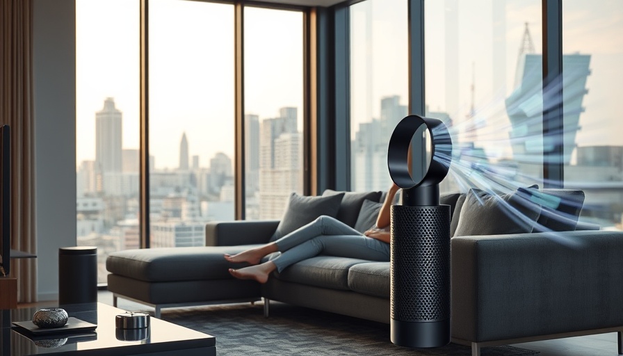 Dyson-Luftreiniger Angebot im modernen Wohnzimmer, Frau auf Sofa entspannend.