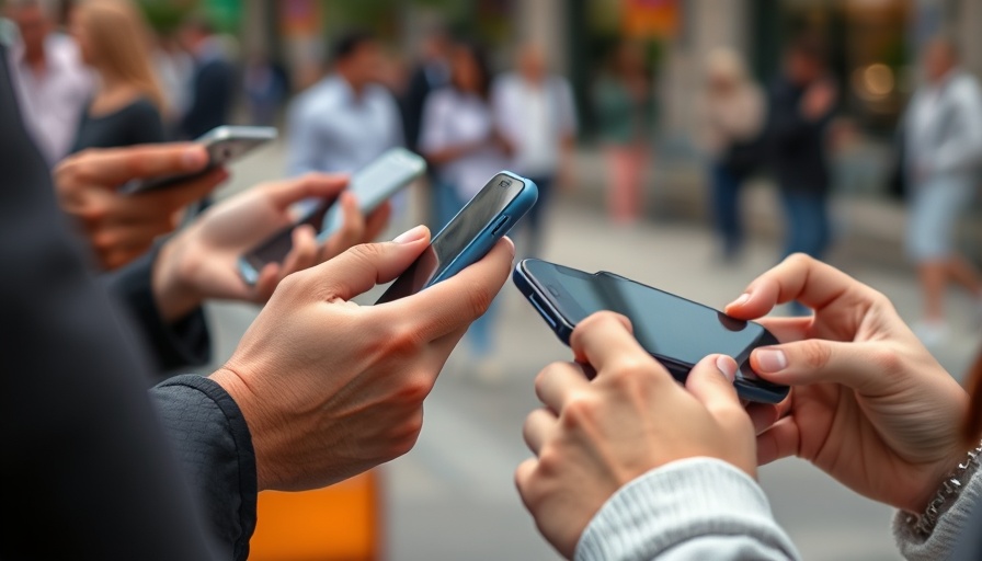 Hands using smartphones in a public space for social networking.