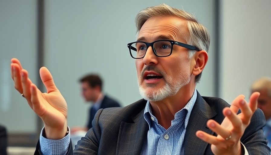 Mature man gestures, discussing elektronische Patientenakte Sicherheit.