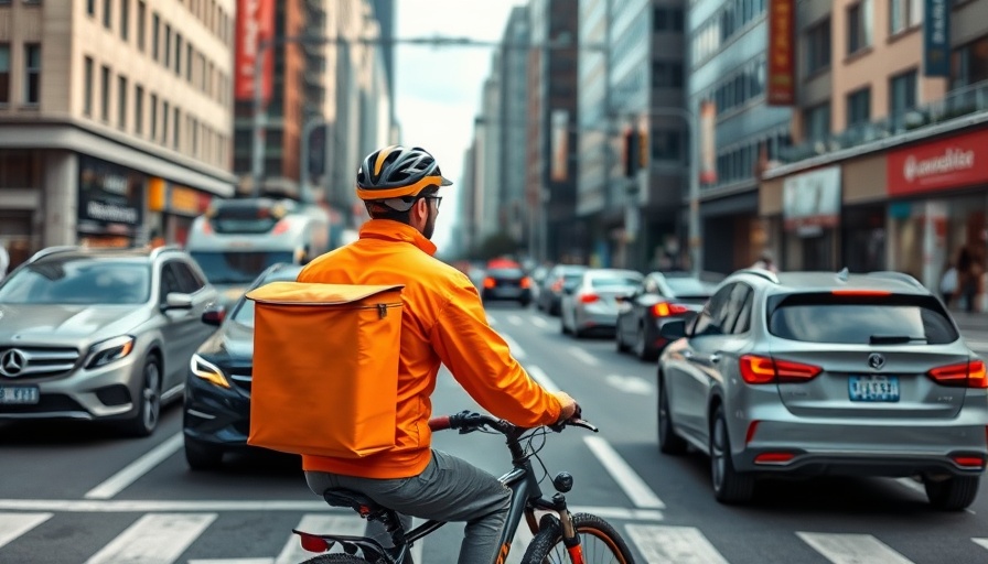 Delivery cyclist at city intersection showcasing app-basierte Lieferdienste