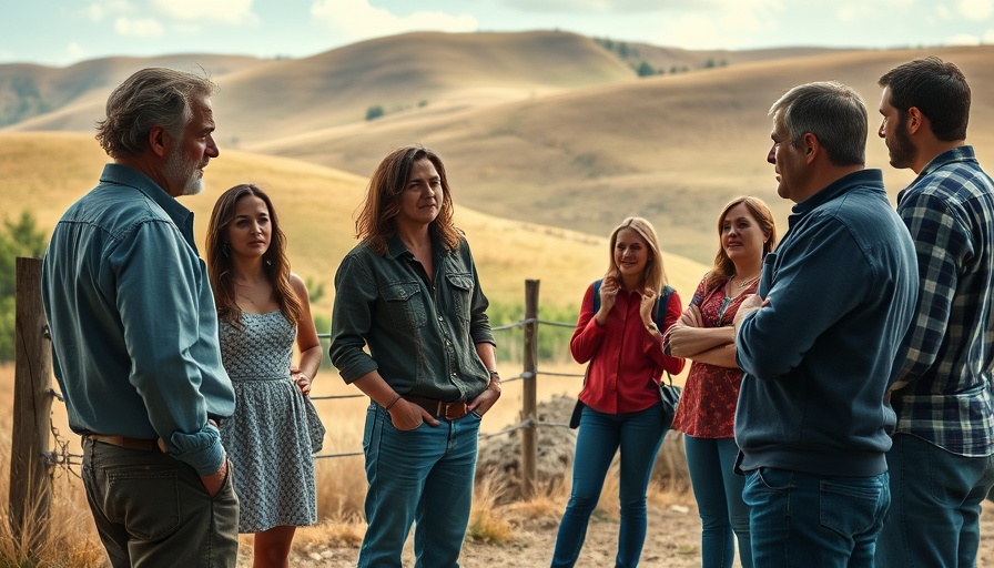 Rustic scene with a group of people discussing, set against rolling hills.