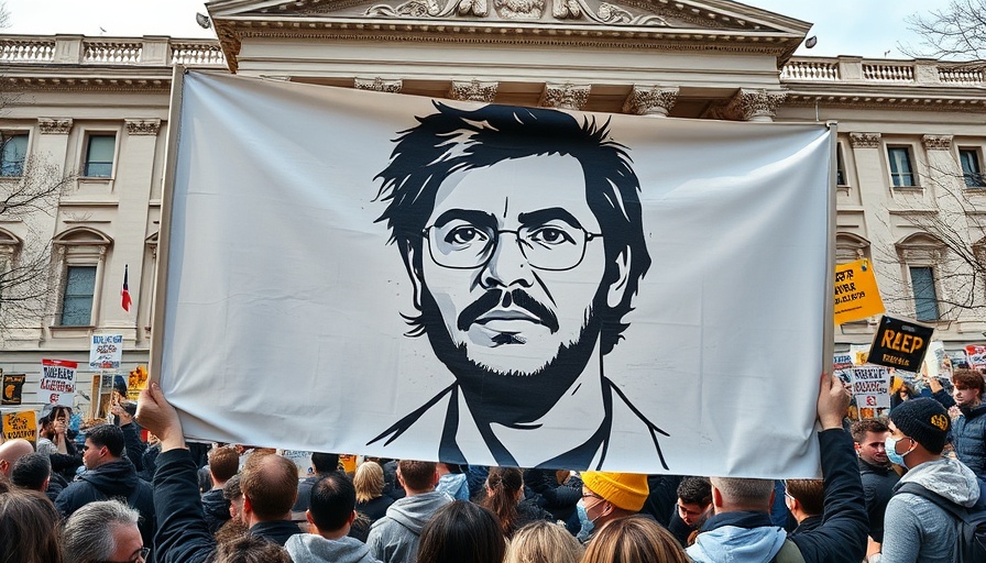 Protest in front of government building with stencil art banner.