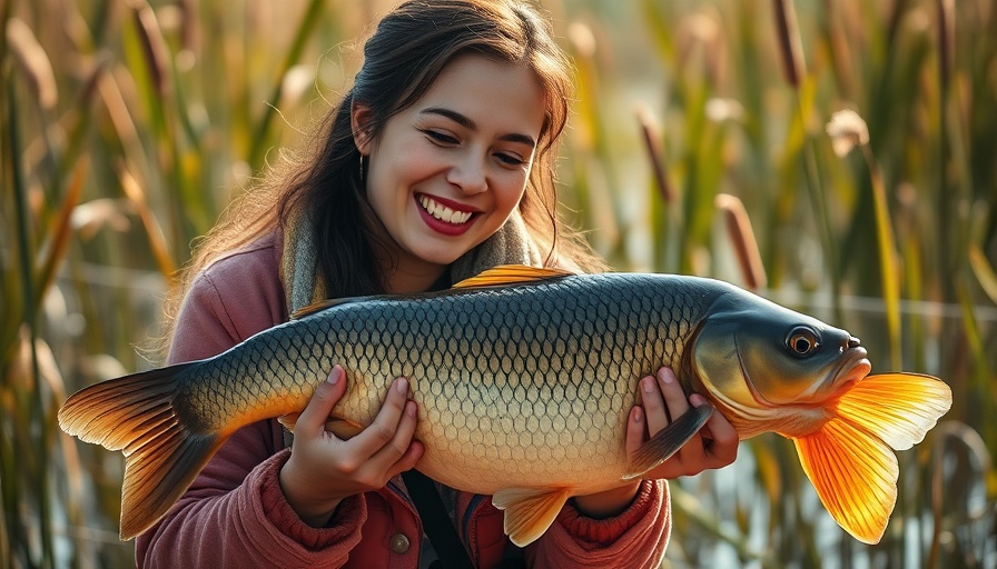 Woman with carp by reeds, enjoying Karpfenrutsche outdoors.
