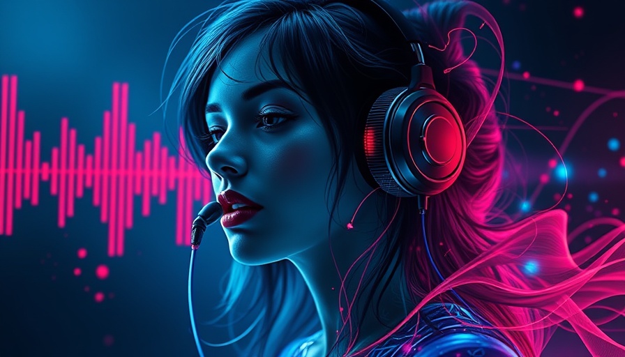 Futuristic art of AI music growth with headphones and soundwaves.