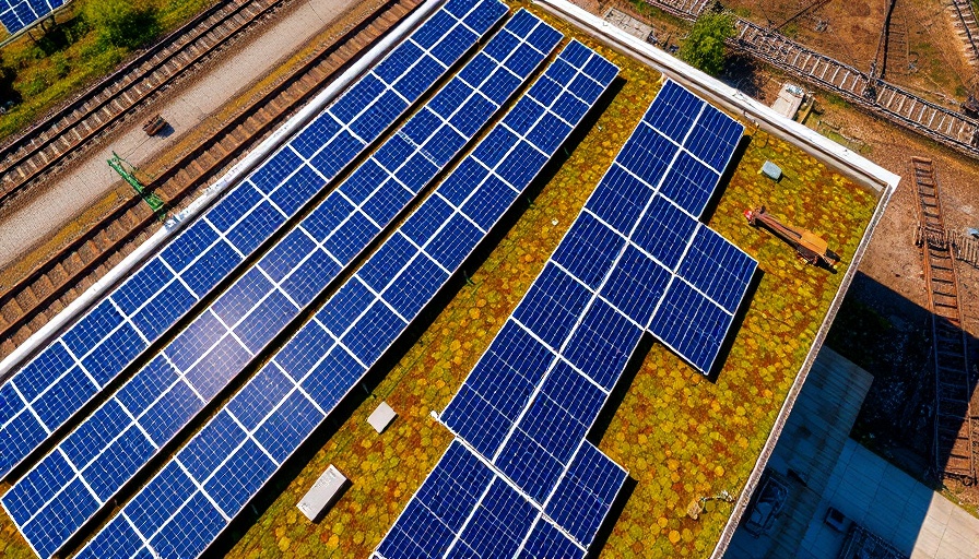 Aerial view solar panels on moss-covered roof near railway.