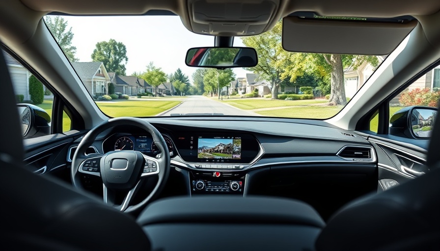 Car dashboard display with real estate app in suburban area, CarPlay und Android Auto nachrüsten.
