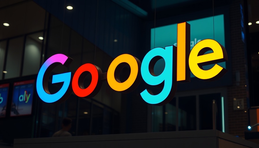 Illuminated Google logo in dark urban environment, digital theme.
