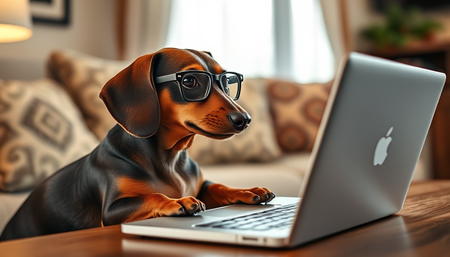Intelligenz von Hunden: Dachshund with glasses at a laptop in cozy room.