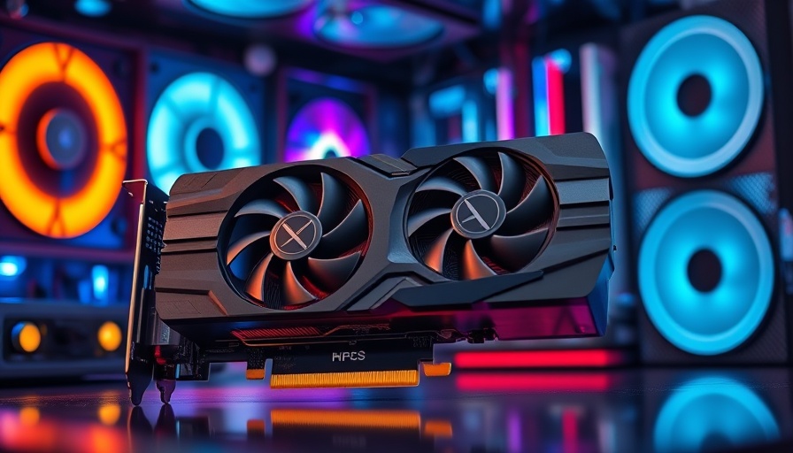 Photorealistic image of a high-tech graphics card on a modern workstation.