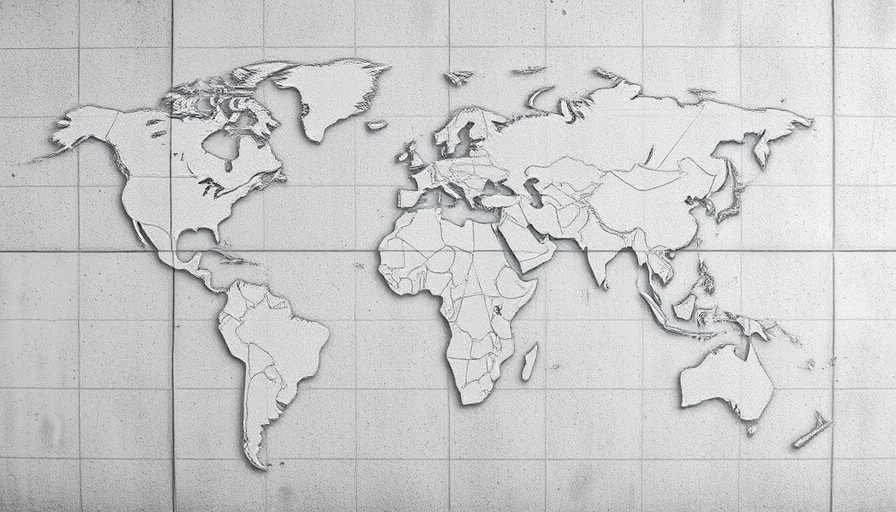 Abstract geometric world map on concrete wall background.