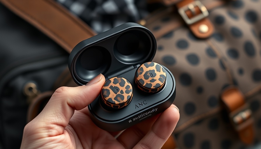 Leopard print Skullcandy Method 360 ANC earbuds held near bag.