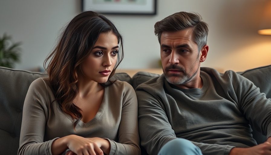 Pensive couple on couch, hints of infidelity.