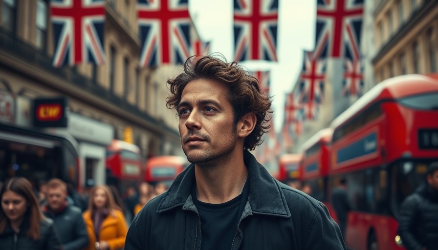 Man in bustling city with red buses and Union Jacks.