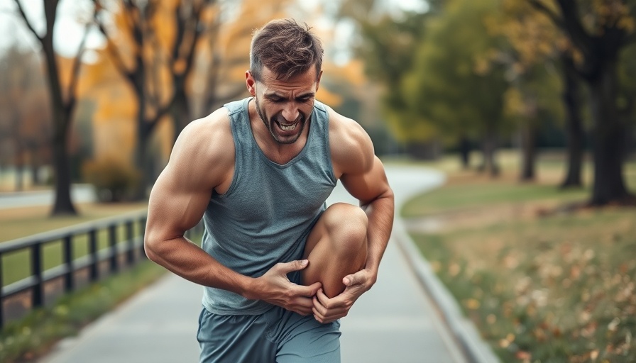 Athletic man holding knee due to cramp outdoors