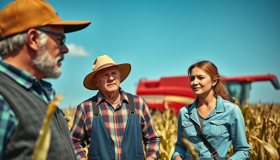 Herausforderungen der Landwirtschaft: Farmers in cornfield with combine harvester.