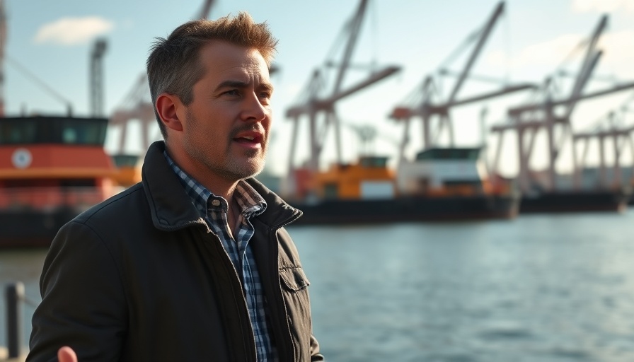 Man at waterfront discussing ecological hydrogen, Schleswig-Holstein.