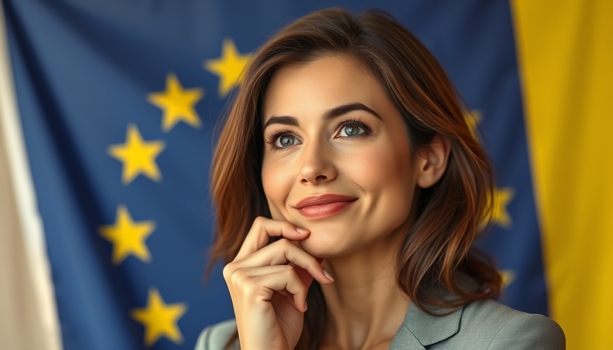 Confident woman with European flag backdrop discussing Digital Markets Act.